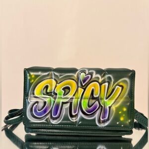 SPICY Quilted Airbrush Graffiti Shoulder Bag Crossbody Purse Genuine Leather